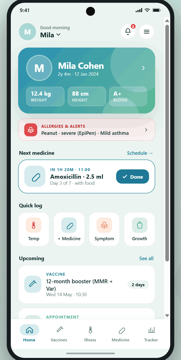 Kiduvo home screen showing child profile, allergies and next medicine