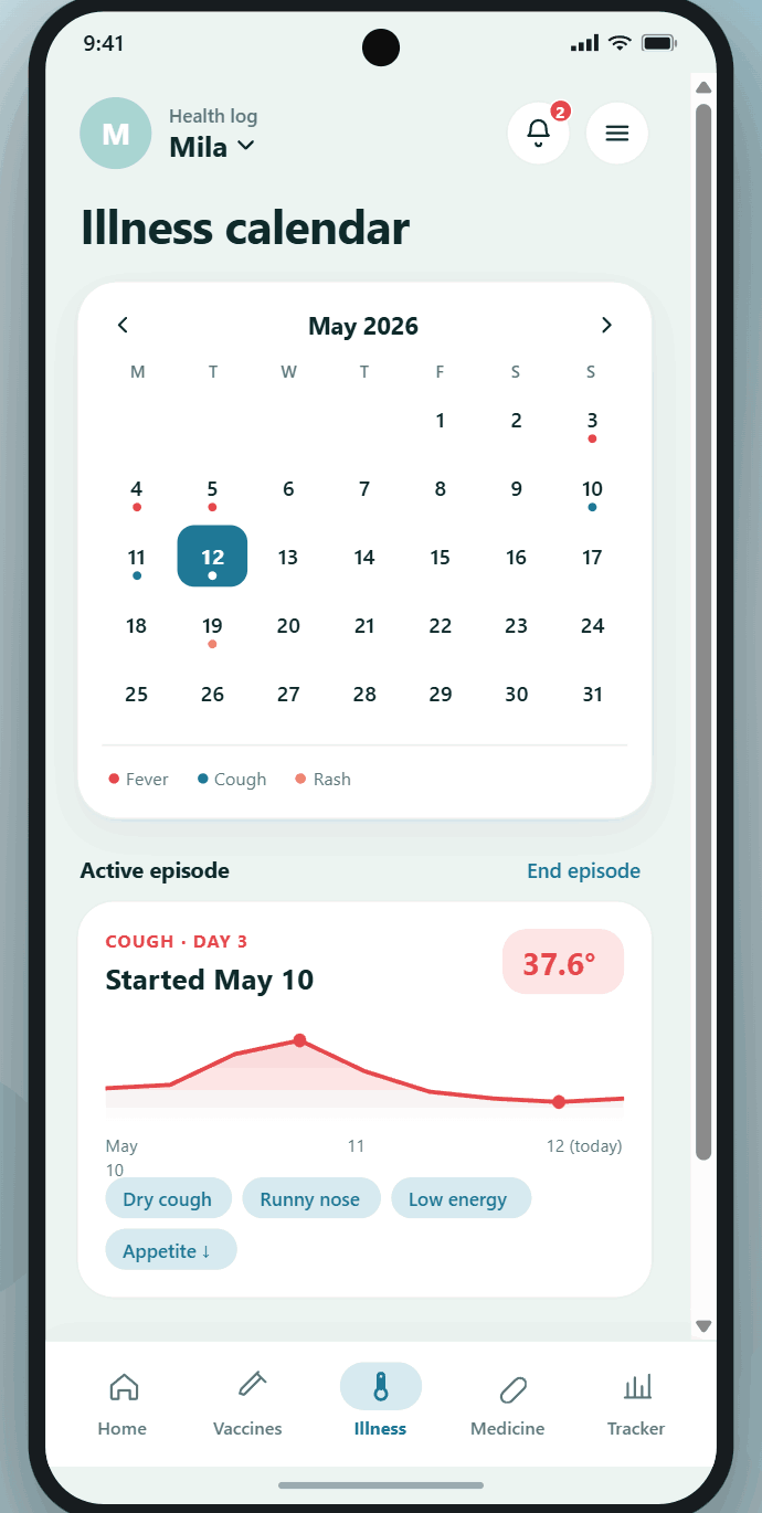 Kiduvo illness calendar screen